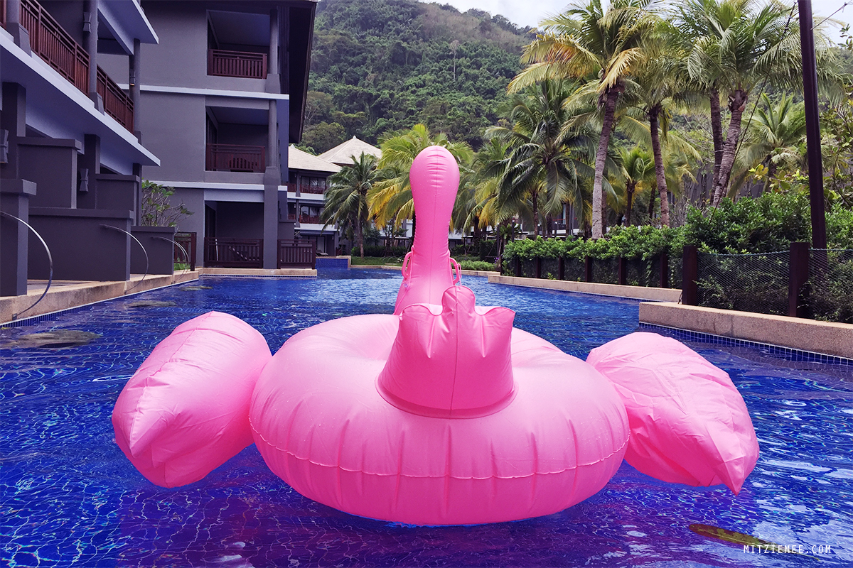 giant flamingo float at Nai Yang Marriott, Phuket