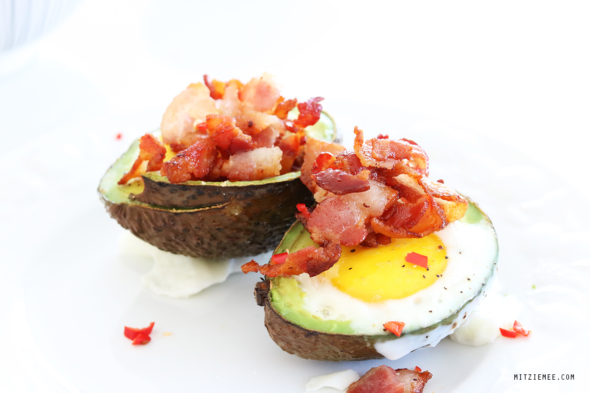 Baked avocado with bacon and chili