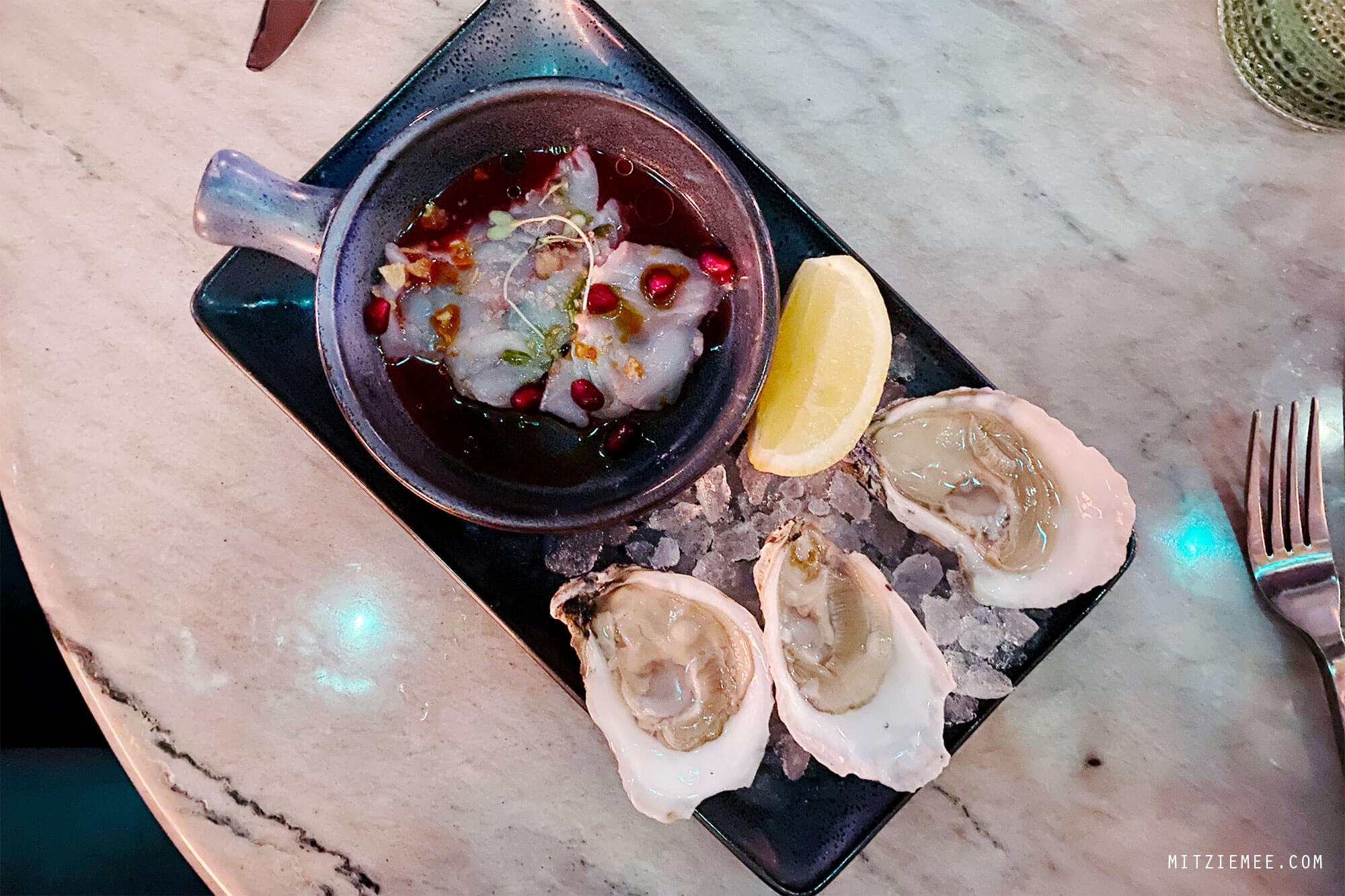 oysters and house crudo at Lamia's Fish Market, East Village, New York