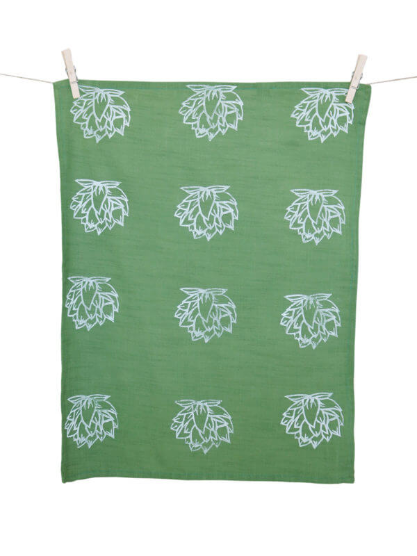 Green tea towel, hand block print, Domlei