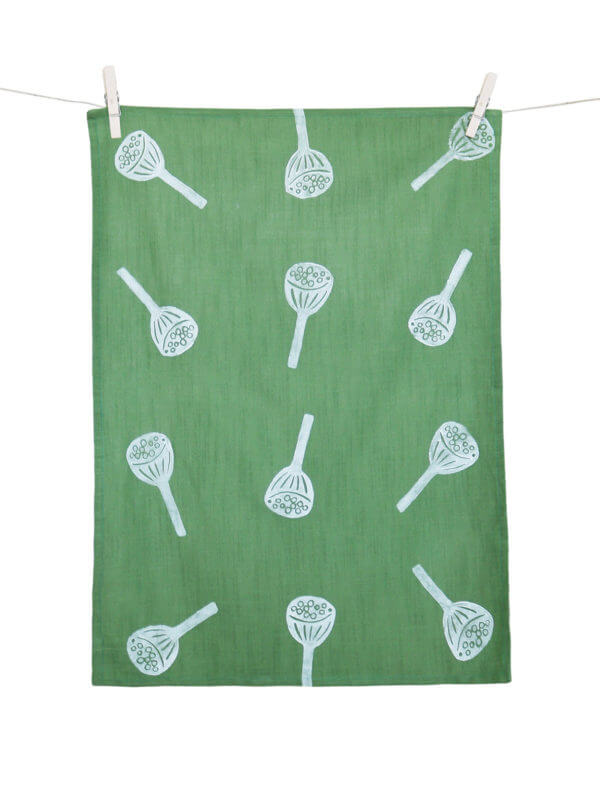 Green tea towel, hand block print, Domlei