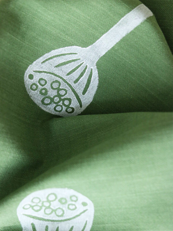 Green tea towel, hand block print, Domlei