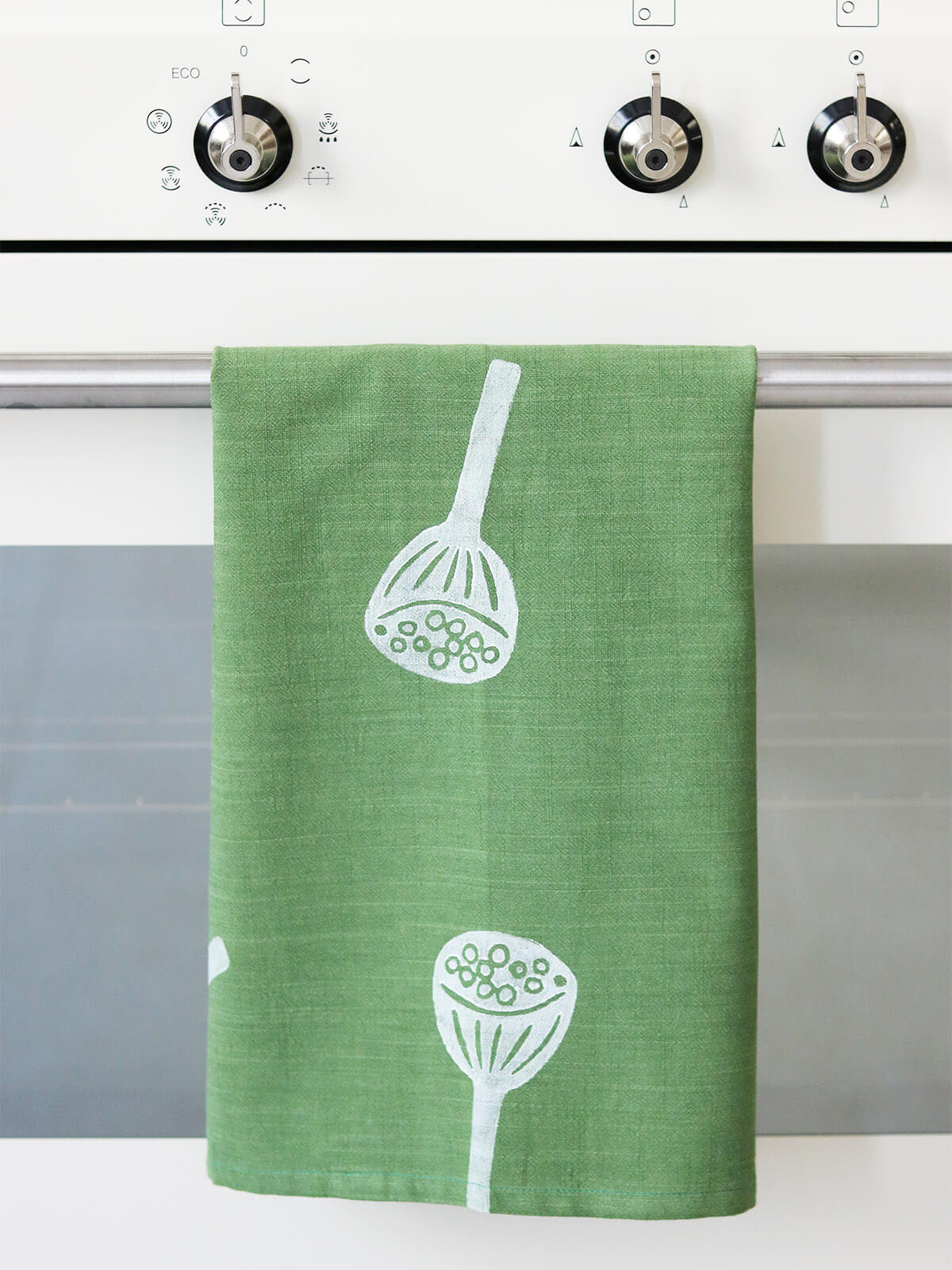 Green tea towel, hand block print, Domlei