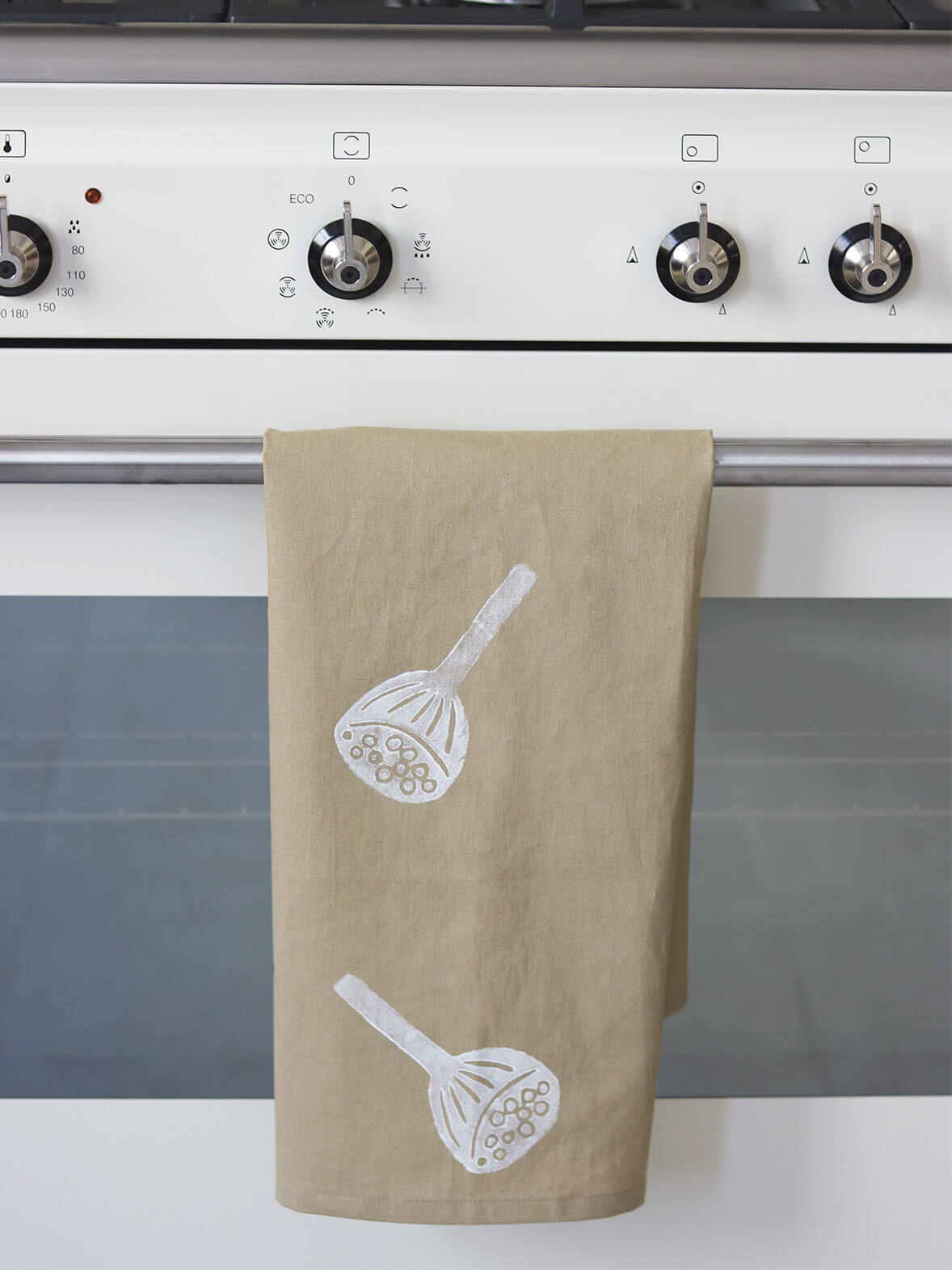 Beige tea towel, hand block print, Domlei
