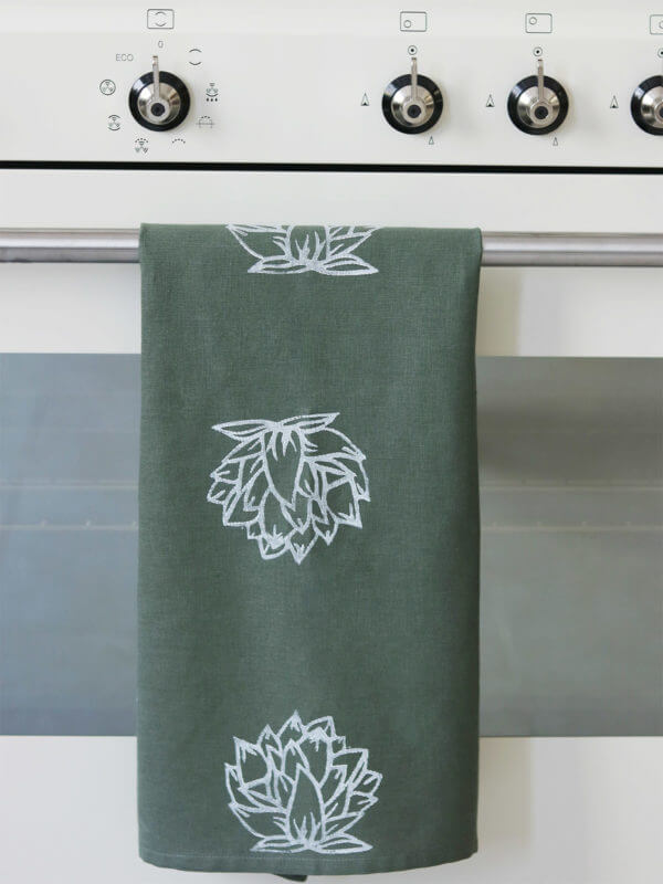 Gray tea towel, hand block print, Domlei