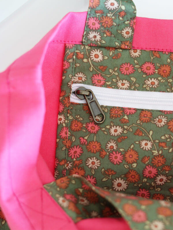 Pink/green foldable tote bag, upcycled cotton, Mitzie Mee Shop